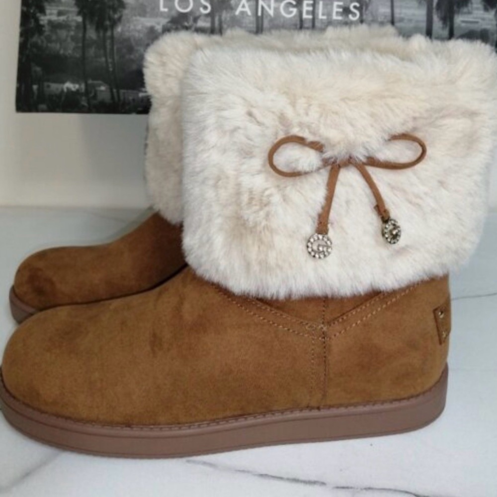 Guess Women's Tan Boots with Cream Fur Trim
